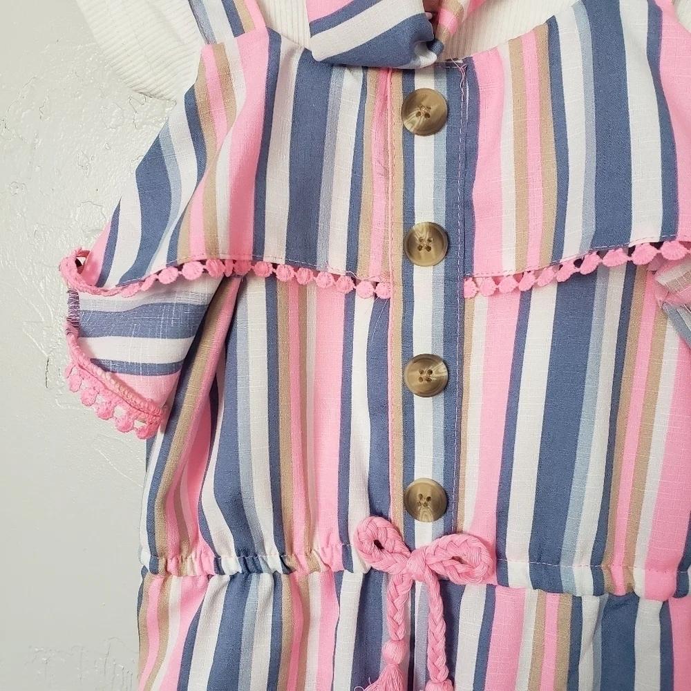 Little Lass NWT Three Piece Outfit Set 5 Jumpsuit Pink Blue White Striped Ruffle - Picture 2 of 8